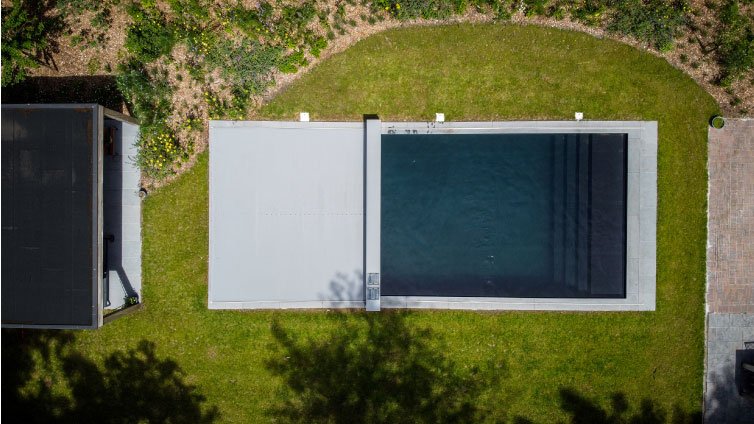 Drone view - barely closed Coverseal pool cover