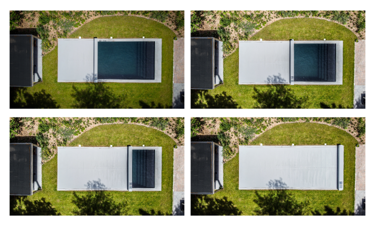 Four different stage of openng and closing the Coverseal pool cover