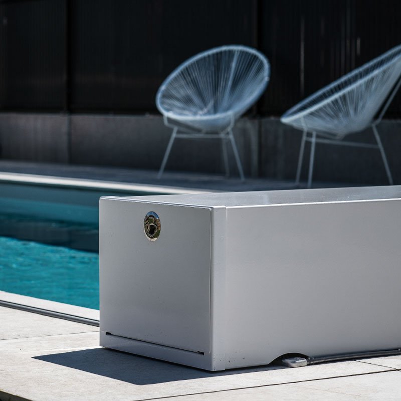 White Coverseal pool cover detail of the box.