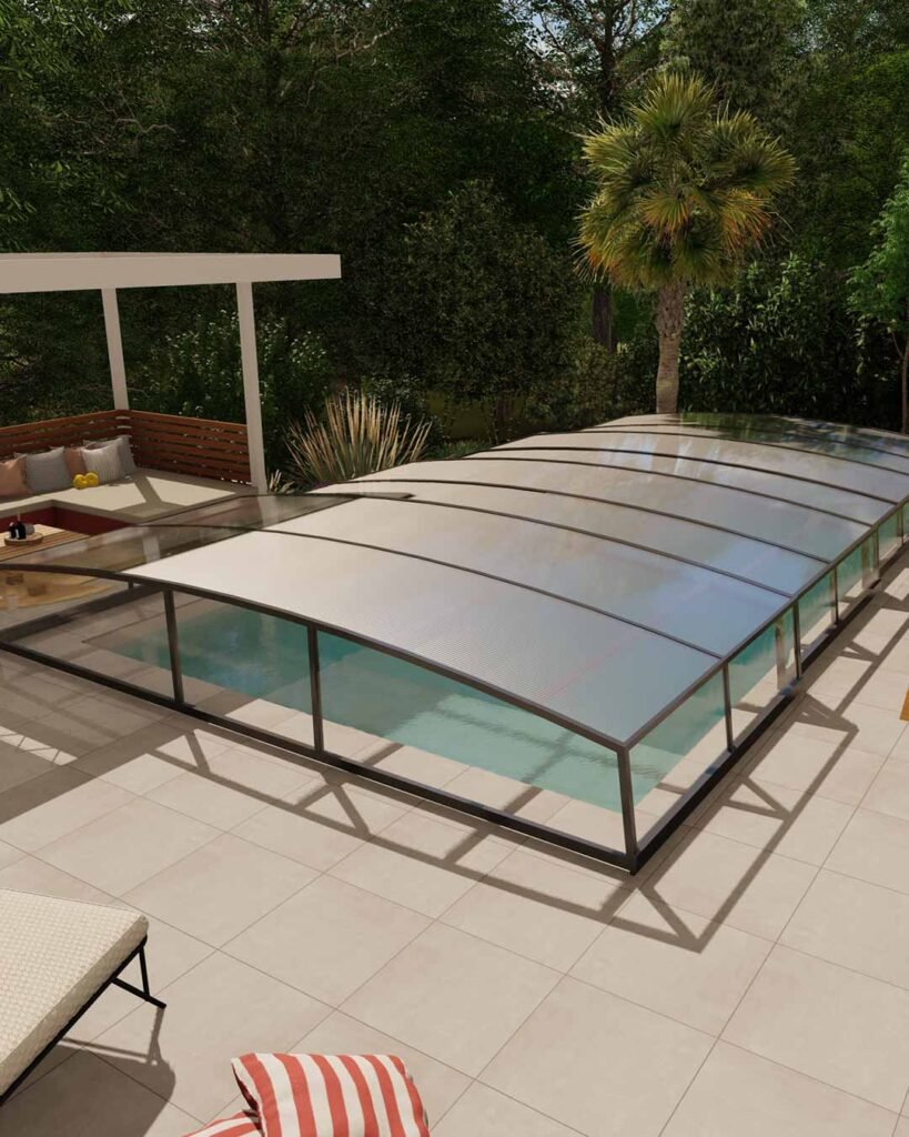 N-CLOSURE pool protection with transparent panels. Manufactured by Azenco, distributed by Cover Dream