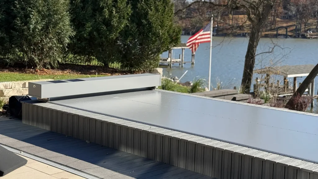 Automatic Spa Cover Coverseal on a Spa in Wisconsin with an American Flag