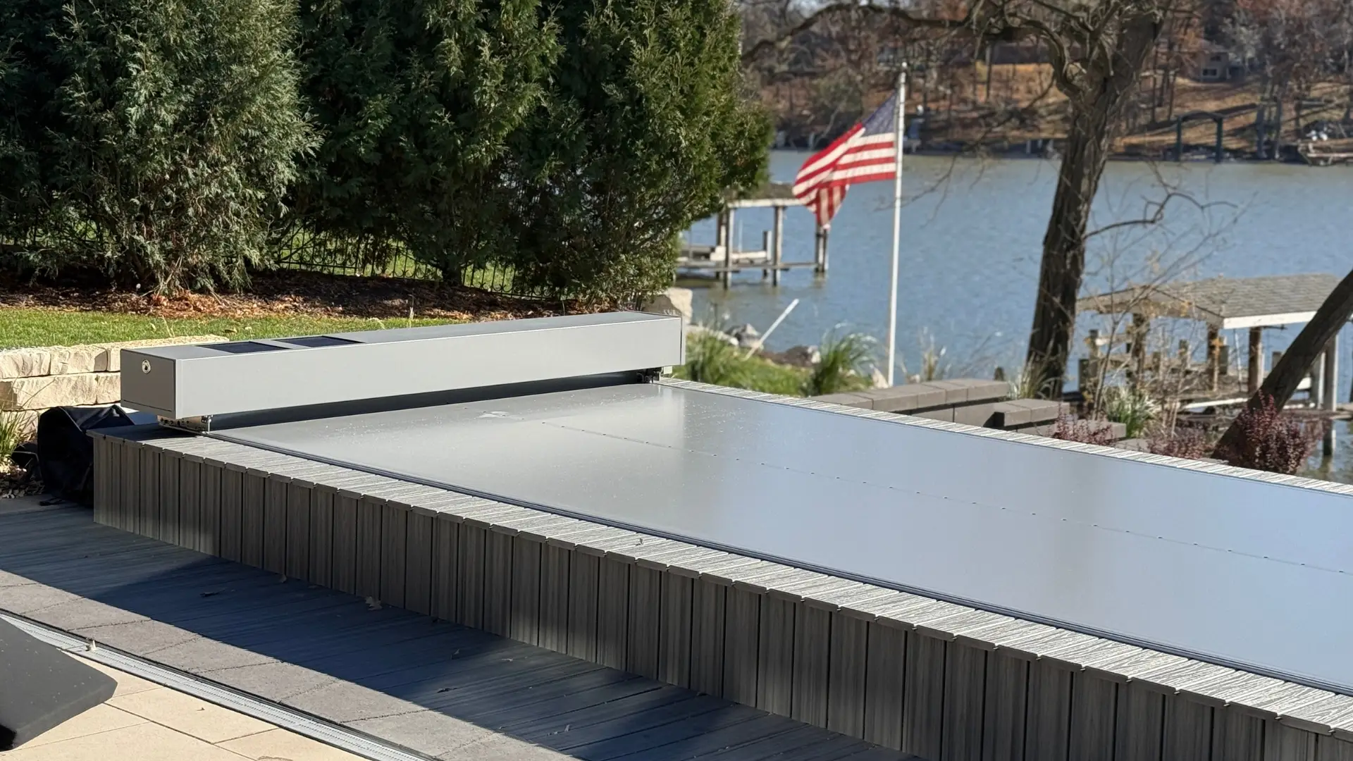 Automatic Spa Cover Coverseal on a Spa in Wisconsin with an American Flag