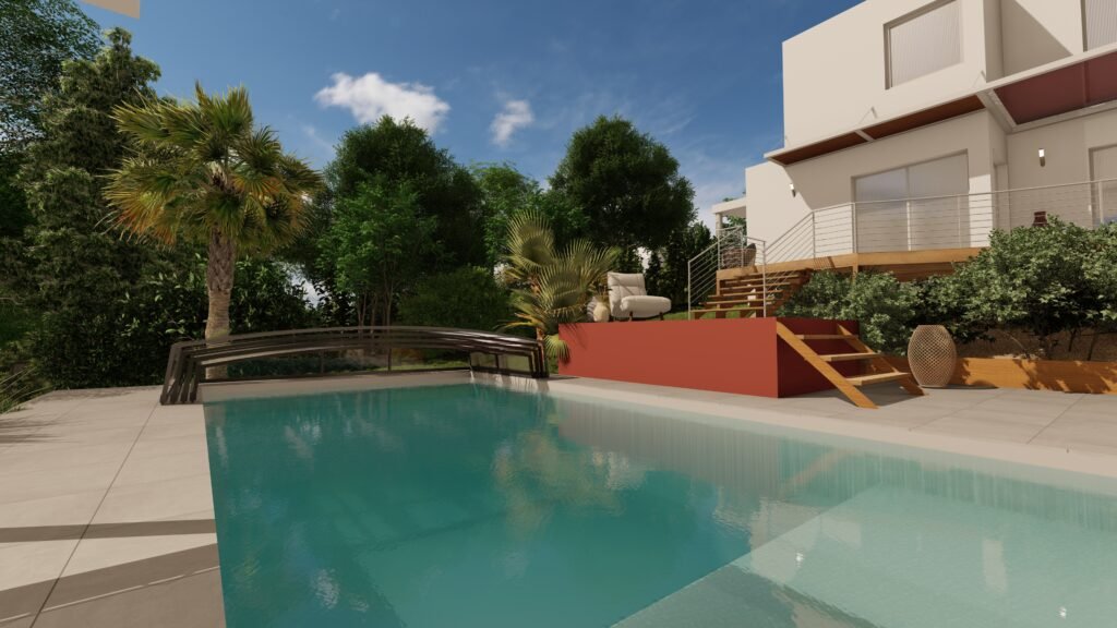 N-CLOSURE retractable pool enclosure rendered beside a modern villa, showing the telescopic glass panels alongside the pool