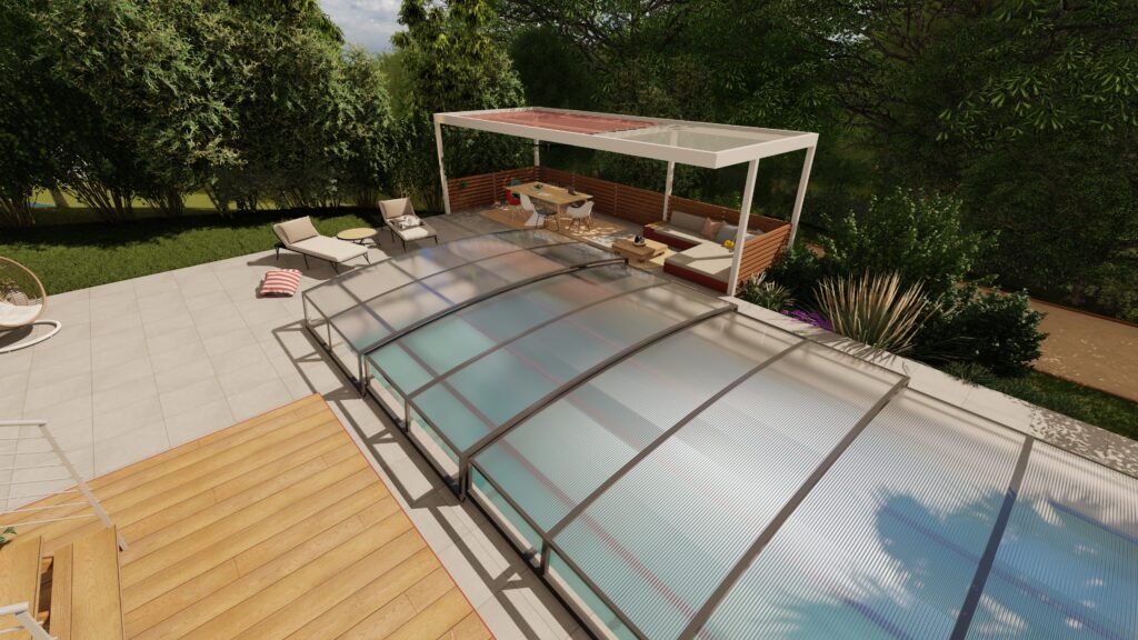 N-CLOSURE retractable pool enclosure closed over a pool with a wood deck, protecting the water under a clear blue sky
