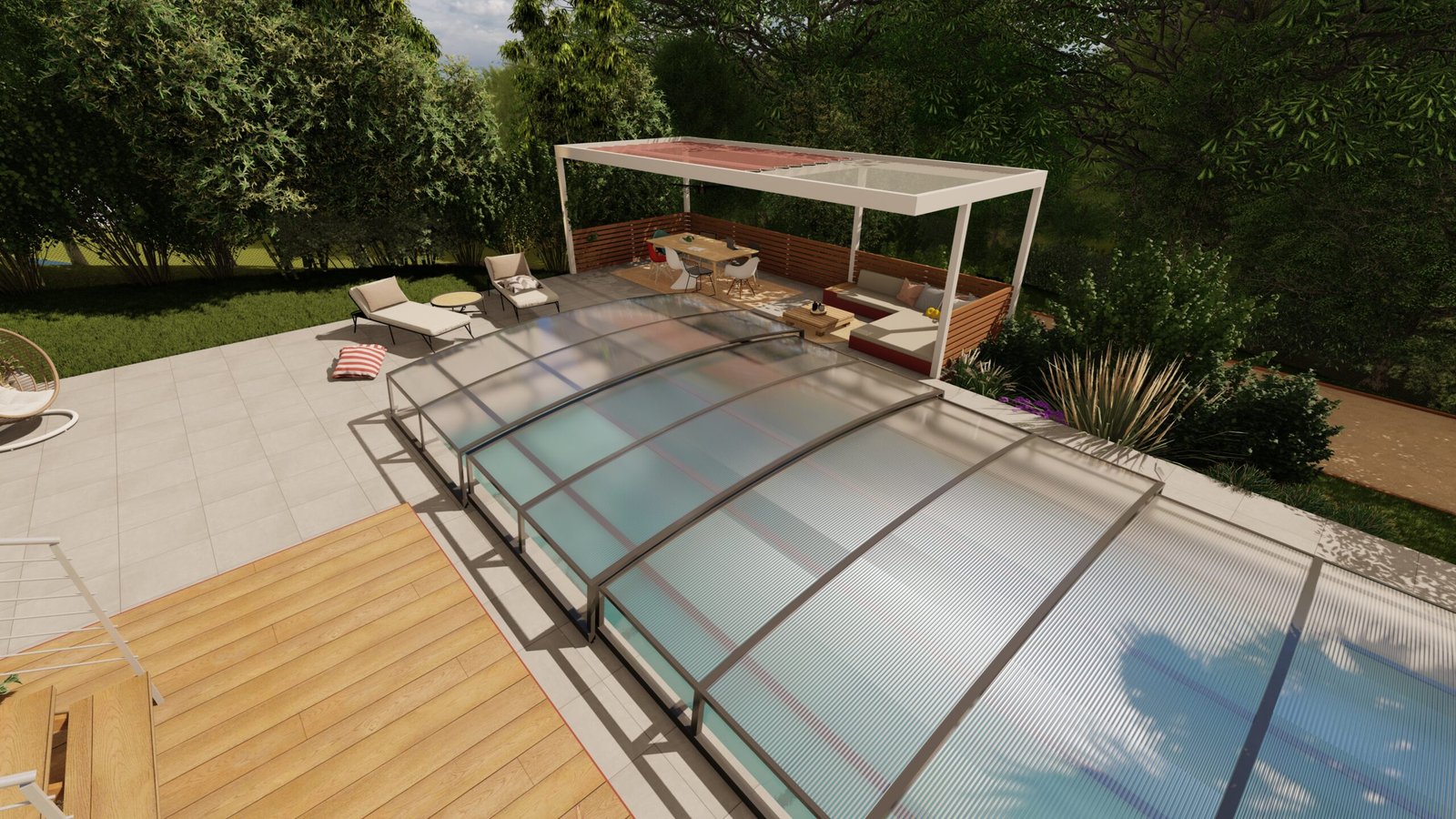 N-CLOSURE retractable pool enclosure closed over a pool with a wood deck, protecting the water under a clear blue sky