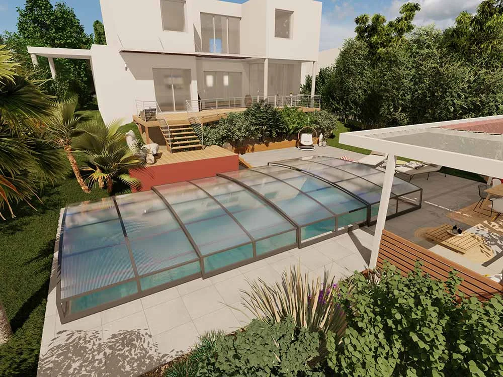 Retractable pool enclosure covering a residential swimming pool beside a modern home